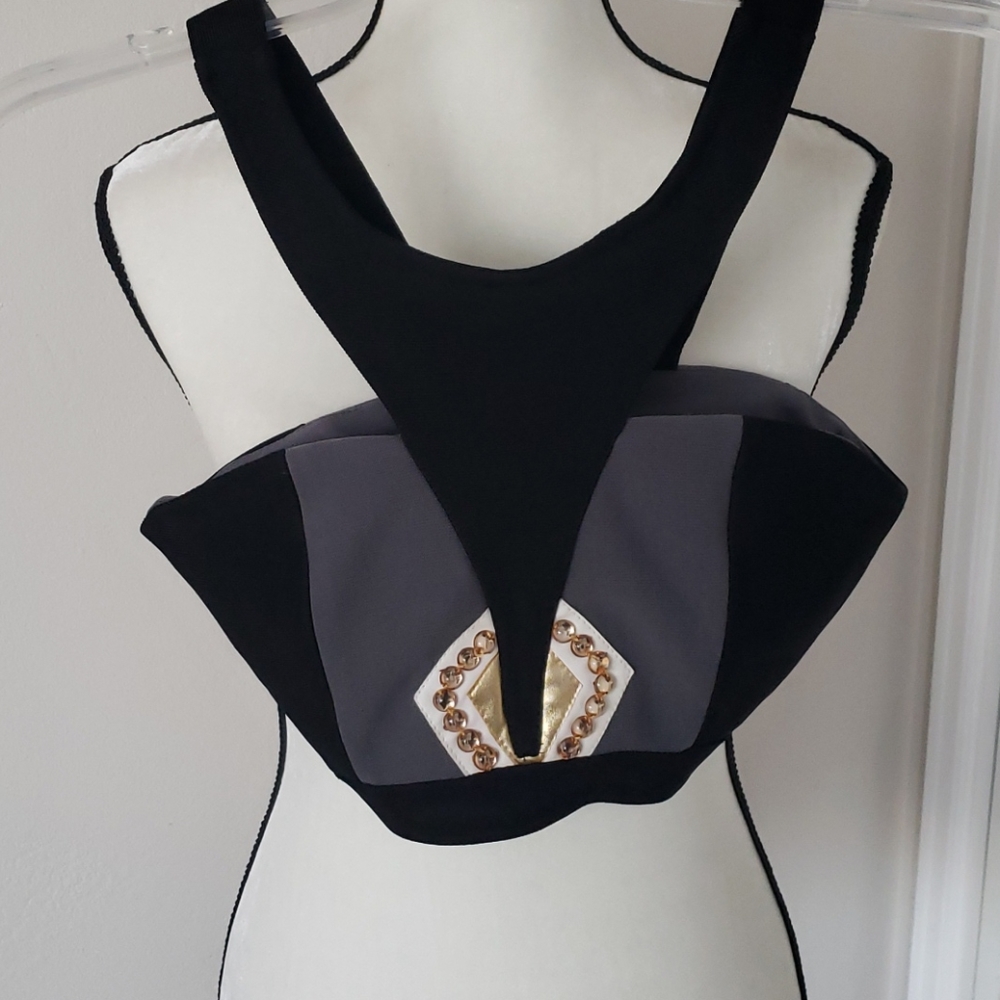 Halloween Super Hero COSTUME: Crop Top: Zipper, Gray,Black,Gold,Cream:Size Small
